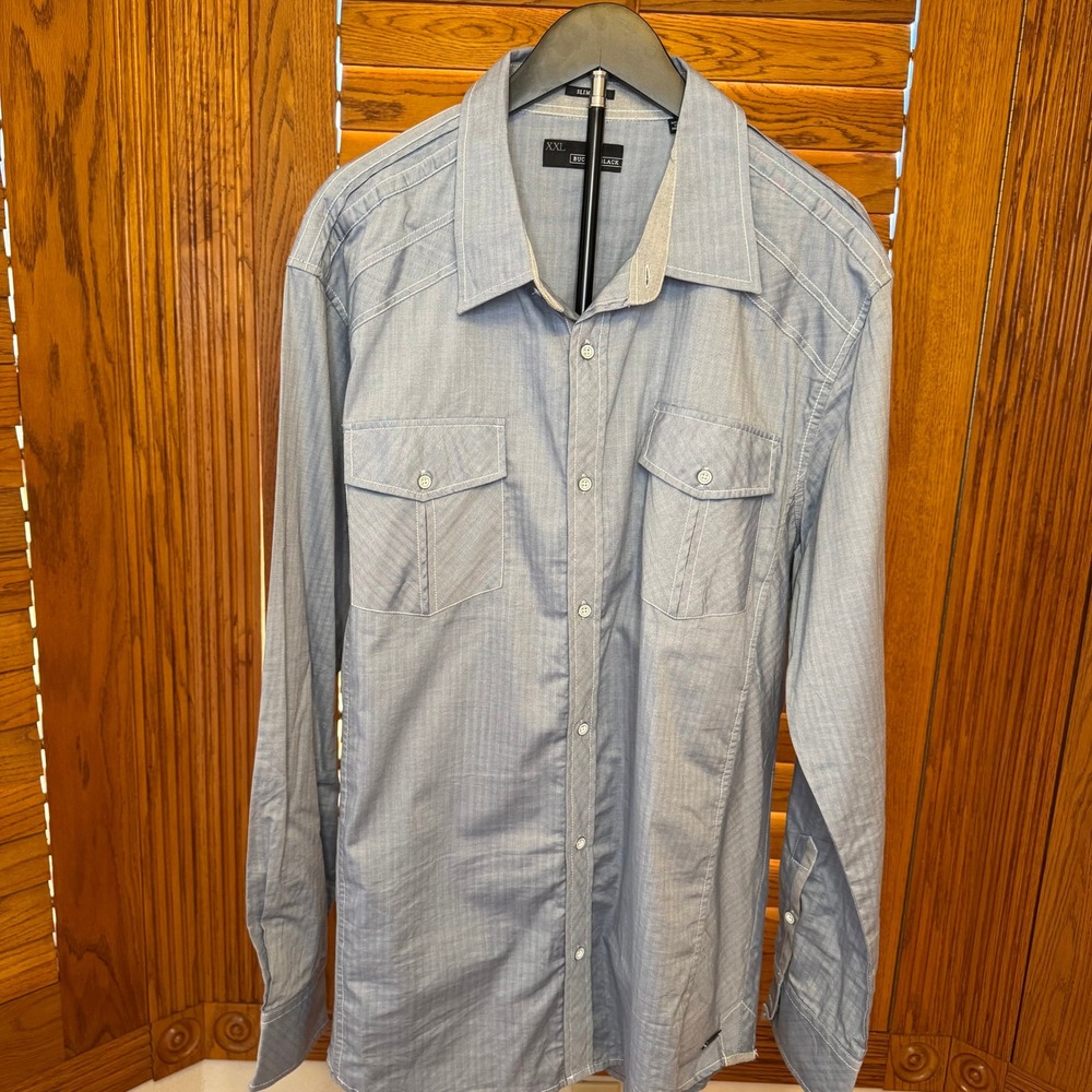 Y2K Buckle Black Mens XXL Mcbling Slim Fit Blue Long Sleeve Button Up Shirt
